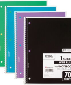Mead 1 Subject Wide Ruled Spiral Notebook - 70 Sheets - 140 Pages - Spiral Bound - 3 Hole(s) - 10 1/2" x 8" - 10" x 8" x 0.5" - White Paper - Assorted Cover - Durable Cover, Bleed Resistant, Perforated, Spiral Lock, Lightweight - 4 / Pack