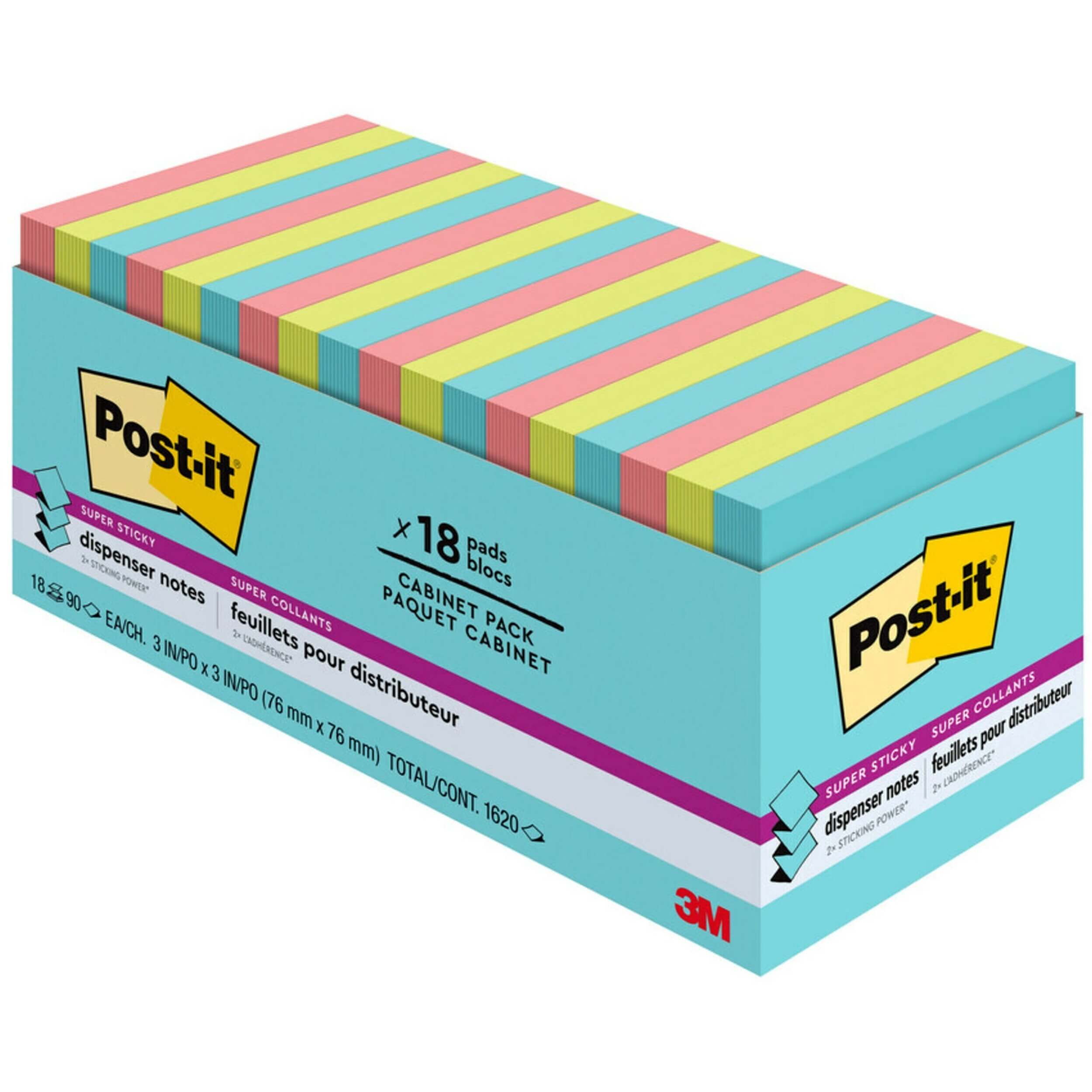 Post-it® Super Sticky Dispenser Notes - Supernova Neons Color Collection - 3" x 3" - Square - 90 Sheets per Pad - Aqua Splash, Acid Lime, Guava - Paper - Super Sticky, Adhesive, Recyclable, Pop-up, Residue-free - 18 / Pad