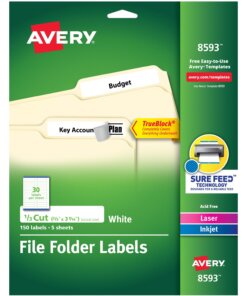 Avery&reg; TrueBlock File Folder Labels - 2/3" Width x 3 7/16" Length - Permanent Adhesive - Rectangle - Laser, Inkjet - White - Paper - 30 / Sheet - 20 Total Sheets - 600 Total Label(s) - 4 / Carton