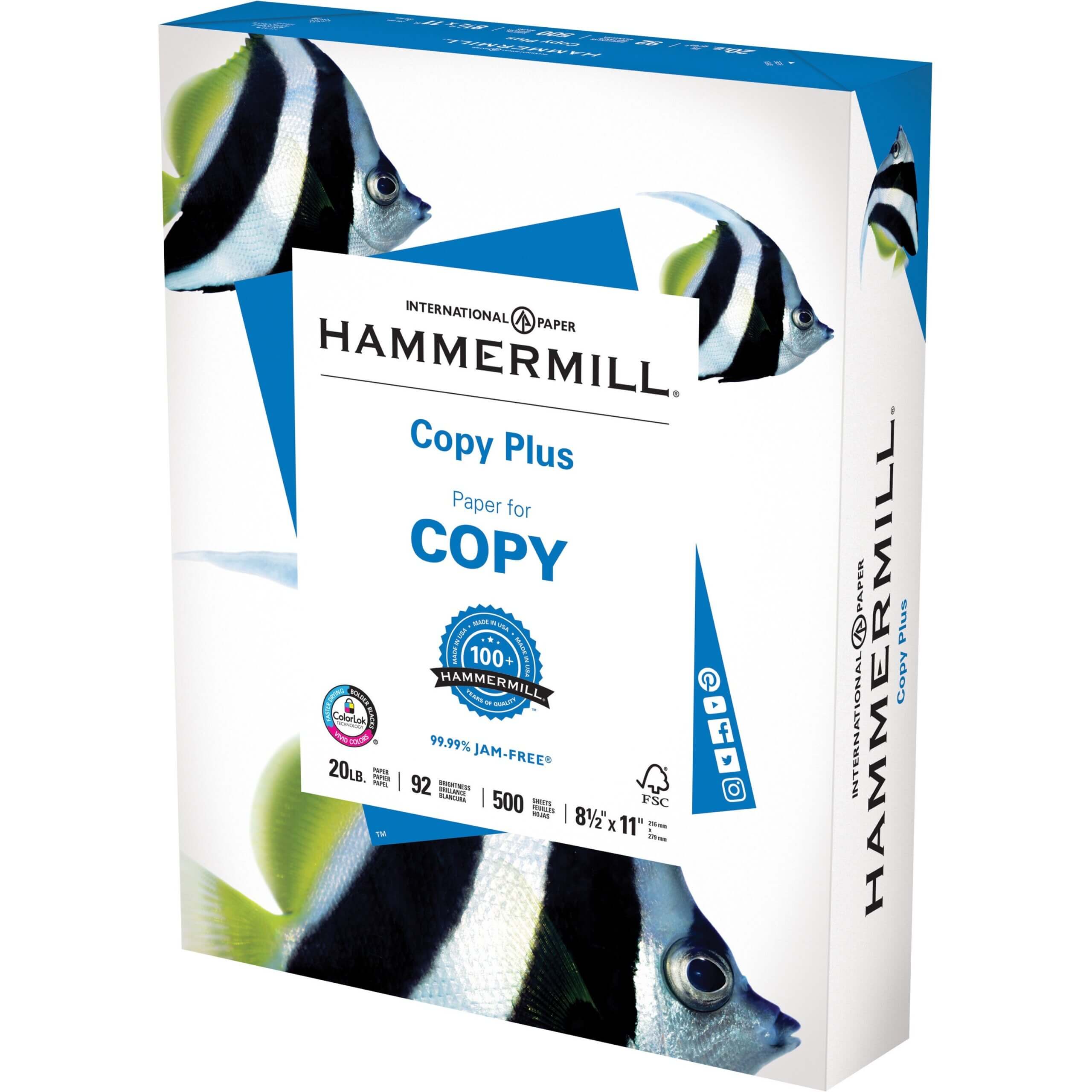 Hammermill Copy Plus Paper - White - 92 Brightness - Letter - 8 1/2" x 11" - 20 lb Basis Weight - 75 g/m² Grammage - 5 / Carton - Acid-free, ColorLok Technology, Jam-free