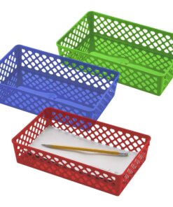 Officemate Achieva&reg; Large Supply Basket, Assorted Colors, 3/PK - 2.4" Height x 10.6" Width x 6.1" Depth - Compact, Stackable, Storage Space, Sturdy, Heavy Duty - Blue, Green, Red - Plastic - 3 / Pack