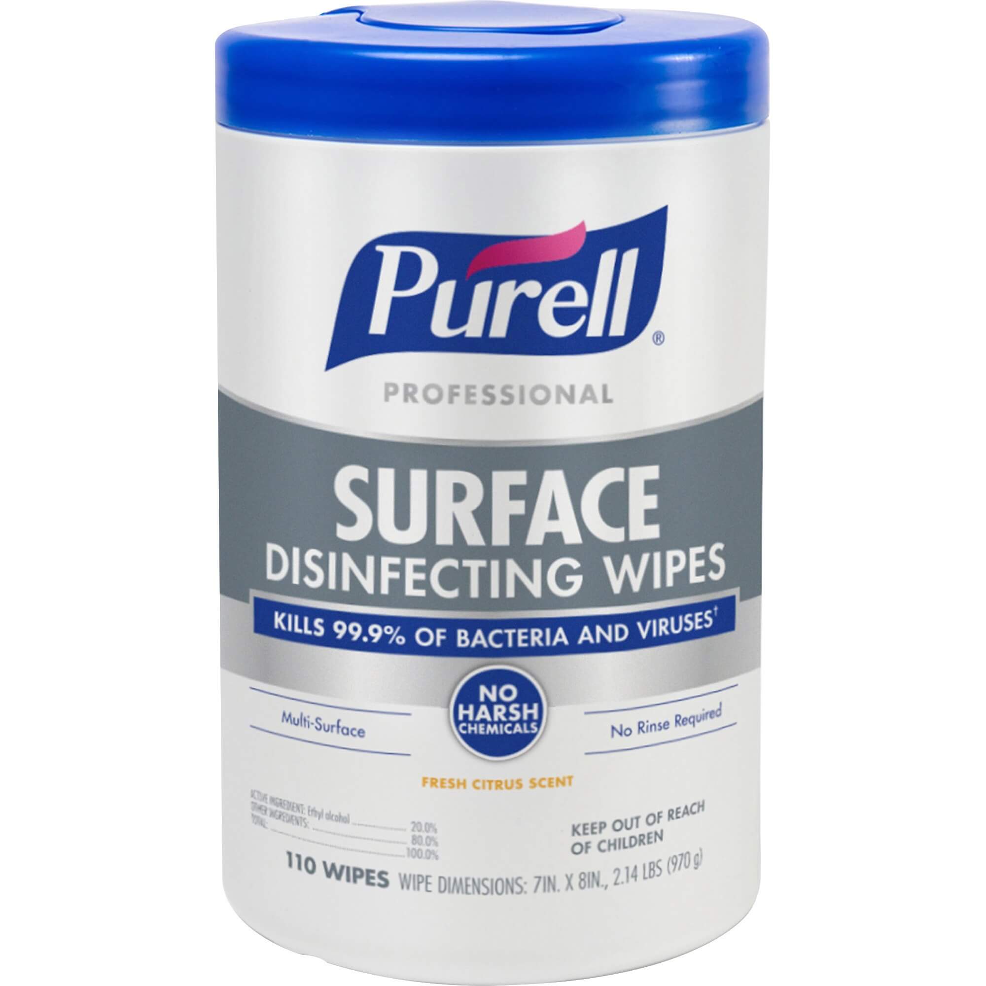PURELL® Professional Surface Disinfecting Wipes - Ready-To-Use Wipe - Fresh Citrus Scent - 7" Width x 8" Length - 110 / Canister - 1 Each