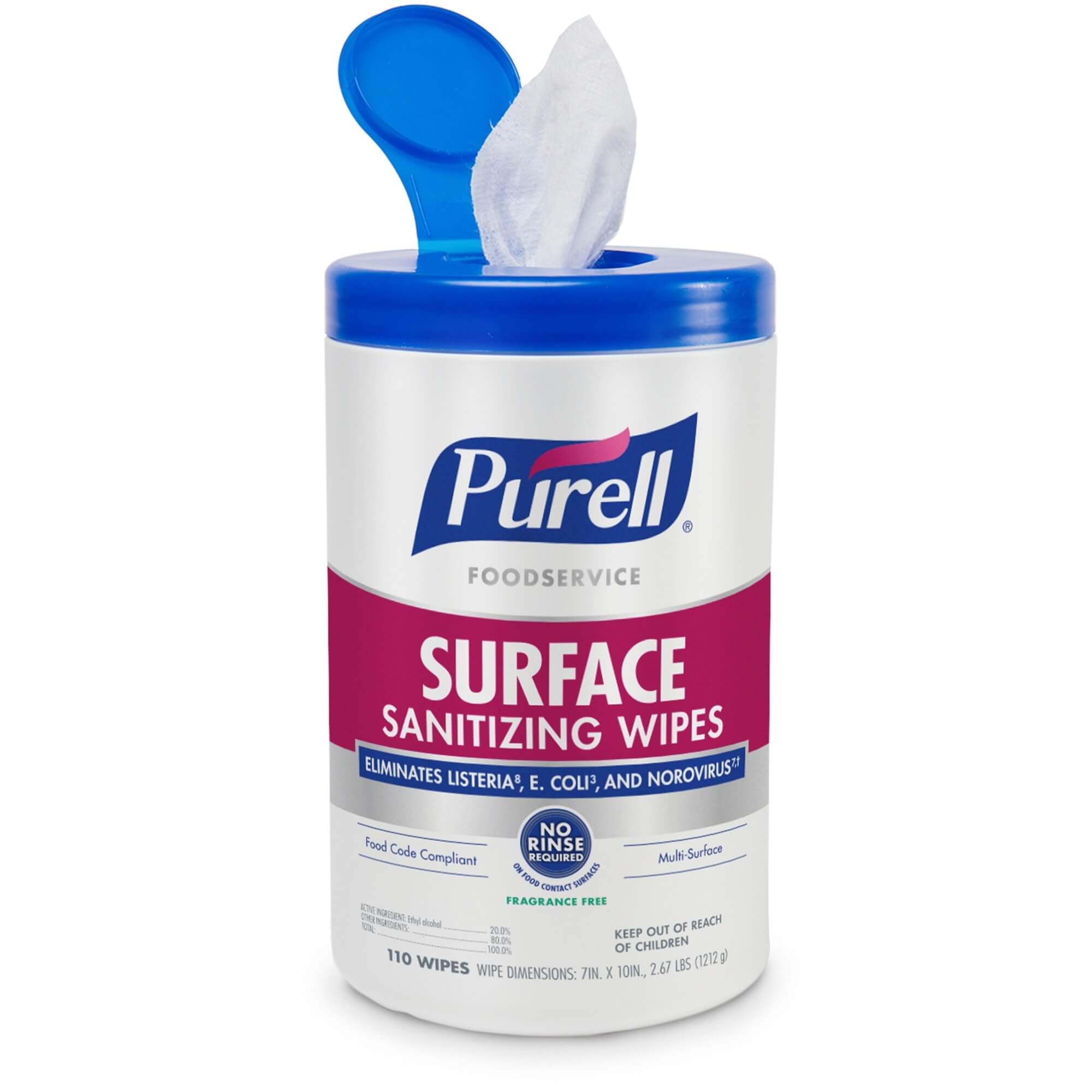 PURELL® Foodservice Surface Sanitizing Wipes - Ready-To-Use Wipe7" Width x 10" Length - 110 / Canister - 1 Each