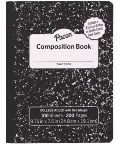 Pacon Marble Hard Cover Wide Rule Composition Book - 1 Subject(s) - 100 Sheets - 200 Pages - Wide Ruled - Red Margin - 9.75" x 7.5" x 0.4" - Black Marble Cover - Recyclable, Hard Cover, Dry Erase Surface - 1 Each