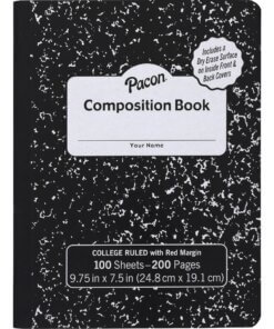 Pacon Marble Hard Cover College Rule Composition Book - 100 Sheets - 200 Pages - College Ruled - Red Margin - 9.75" x 7.5" - Black Marble Cover - Recyclable, Hard Cover - 1 Each