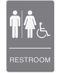 Headline Signs ADA Wheelchair/RESTROOM Image Sign - 1 Each - Restroom (Man/Woman/Wheelchair) Print/Message - Rectangular Shape - Adhesive, Braille - Plastic - White - TAA Compliant