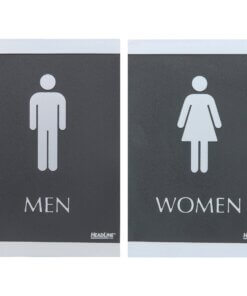Headline Signs ADA MEN/WOMEN Restroom Sign - 1 Set - Men, Women Print/Message - 6" Width - Rectangular Shape - Silver Print/Message Color - Adhesive Backing, Durable, Pictogram, Self-adhesive, Braille - Plastic - Black, Gray