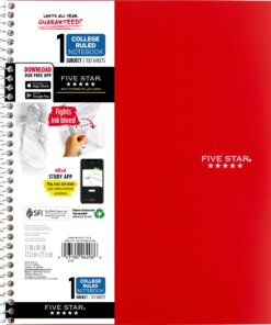 Five Star Wirebound Notebook - 1 Subject(s) - 100 Pages - Wire Bound - College Ruled - Letter - 8 1/2" x 11" - Red Cover - Double Sided Sheet, Durable, Water Resistant, Wear Resistant, Tear Proof, Spill Resistant, Pocket, Opaque - 1 Each