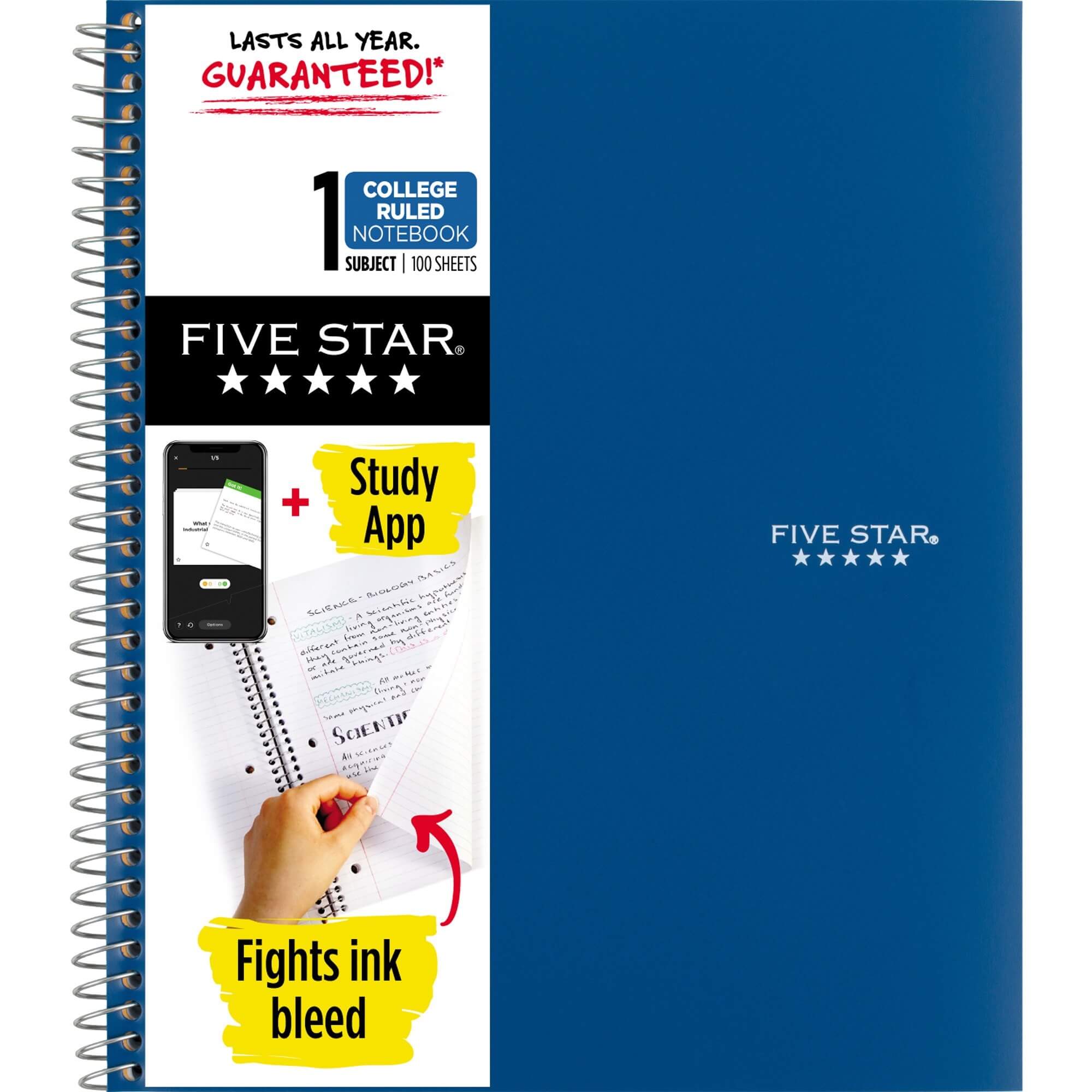Five Star Wirebound Notebook - 1 Subject(s) - 100 Pages - Wire Bound - College Ruled - Letter - 8 1/2" x 11" - Blue Cover - Double Sided Sheet, Durable, Water Resistant, Wear Resistant, Tear Proof, Spill Resistant, Pocket, Opaque - 1 Each