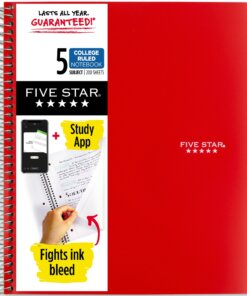 Five Star Wirebound Notebook - 5 Subject(s) - 200 Pages - Wire Bound - College Ruled - Letter - 8 1/2" x 11" - Red Cover - Double Sided Sheet, Durable, Water Resistant, Wear Resistant, Tear Proof, Spill Resistant, Pocket, Opaque - 1 Each