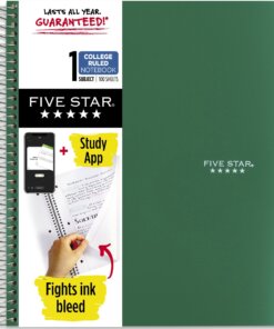 Five Star Wirebound Notebook - 1 Subject(s) - 100 Sheets - 100 Pages - Wire Bound - Letter - 8 1/2" x 11" - Forest GreenPlastic Cover - Double Sided Sheet, Bleed Resistant, Perforated, Storage Pocket, Water Resistant, Spiral Lock, Snag Resistant, Recyclable, Undated, Reinforced, Wear Resistant, ... - 1 Each