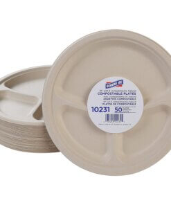 Genuine Joe 3-compartment Disposable Plates - Breakroom, Office - Disposable - White, Natural - Sugarcane Body - 50 / Pack