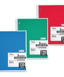 Mead 3-Subject Wire-bound Notebook - Letter-size - 120 Sheets - Spiral - College Ruled - Letter - 8" x 11" - White Paper - Assorted Cover - Back Board - 1 Each