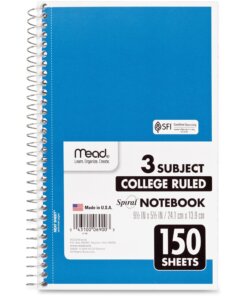Mead 3-Subject Wirebound College Rule Notebook - 150 Sheets - Spiral - College Ruled - 5 1/2" x 9" - Assorted Paper - Heavyweight Cover - Back Board - 1 Each