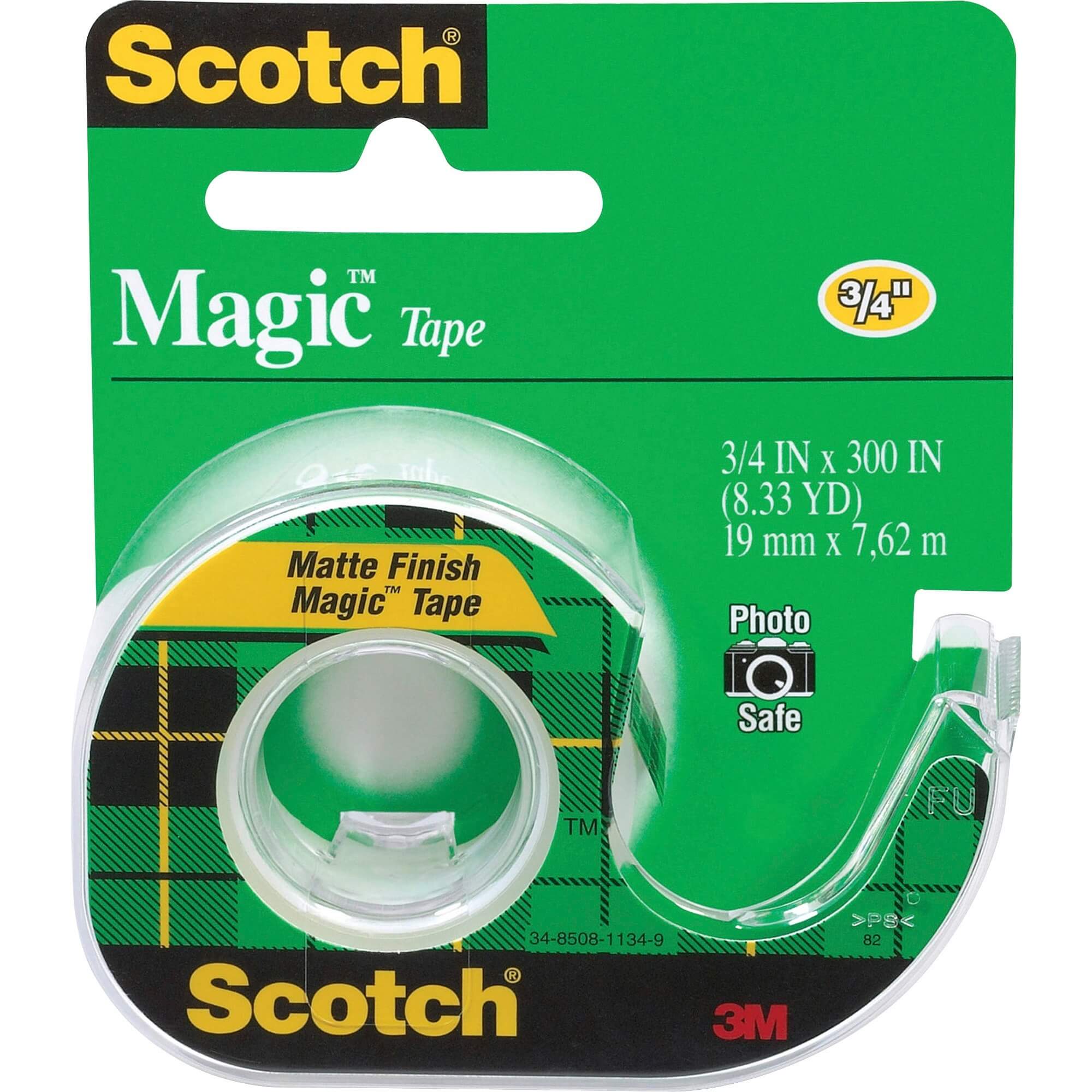 Scotch Magic Matte Finish Tape - 25 ft Length x 0.75" Width - 1" Core - Adhesive Backing - Dispenser Included - Handheld Dispenser - 1 / Roll - Clear