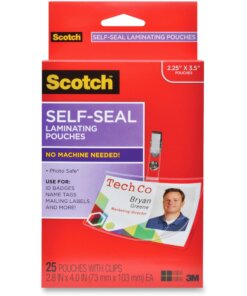 Scotch Self-Laminating ID Clip-Style Pouches - Support 4" x 2.80" Media - Horizontal - 25 / Pack - Clear