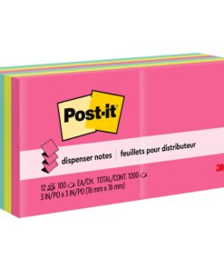 Post-it&reg; Dispenser Notes - 1200 - 3" x 3" - Square - 100 Sheets per Pad - Unruled - Guava, Aqua Splash, Vital Orange - Paper - Pop-up, Self-adhesive, Repositionable - 12 / Pack
