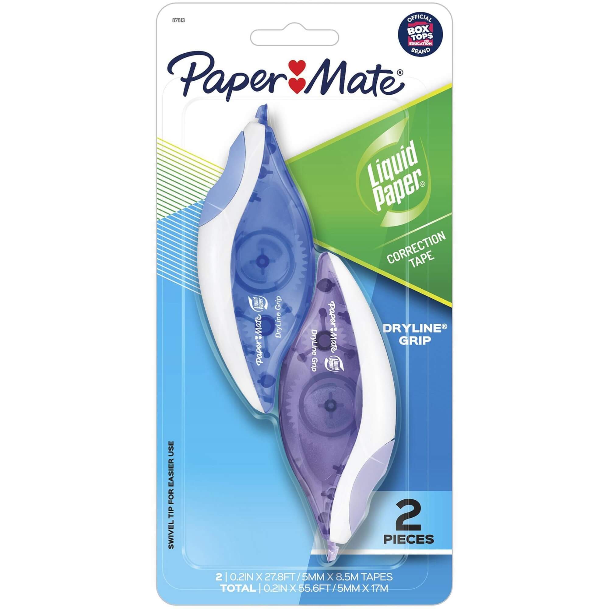 Paper Mate Translucent Dryline Grip Correction Tape - 0.20" Width x 27.89 ft Length - 1 Line(s) - White Tape - Ergonomic Assorted Dispenser - Break Resistant, Tear Resistant - 2 / Pack - Assorted