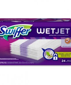 Purple box showcasing mopping pad refills for the Swiffer WetJet