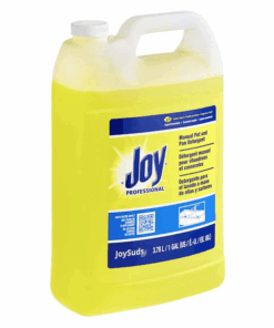 Gallon of lemon scented dish detergent with blue and yellow logo. The liquid can be seen through the bottle