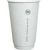 Double wall 16 ounce white cup with writing on it that says "Caution, contents may be hot"