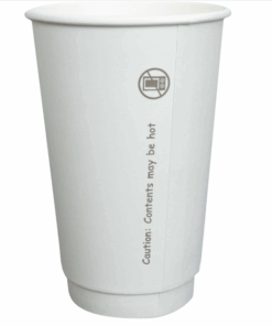 Double wall 16 ounce white cup with writing on it that says "Caution, contents may be hot"